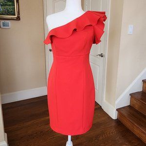 Eliza J Ruffle One Shoulder Cocktail Party Dress Red Back Zip Knee Length Size 6